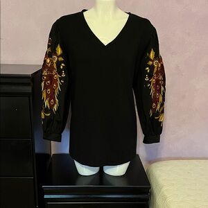 Chico's Black Top with Embroidered Sleeves